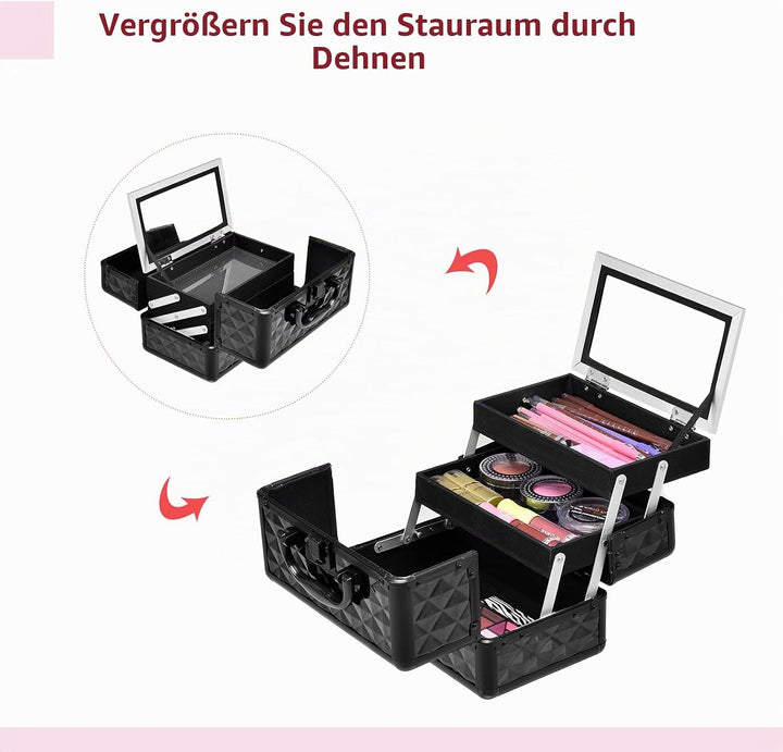 HOMASIS Kosmetikkoffer mit Spiegel, Mini Schminkkoffer mit 3 Ebenen, tragbarer Beauty Case mit Griff