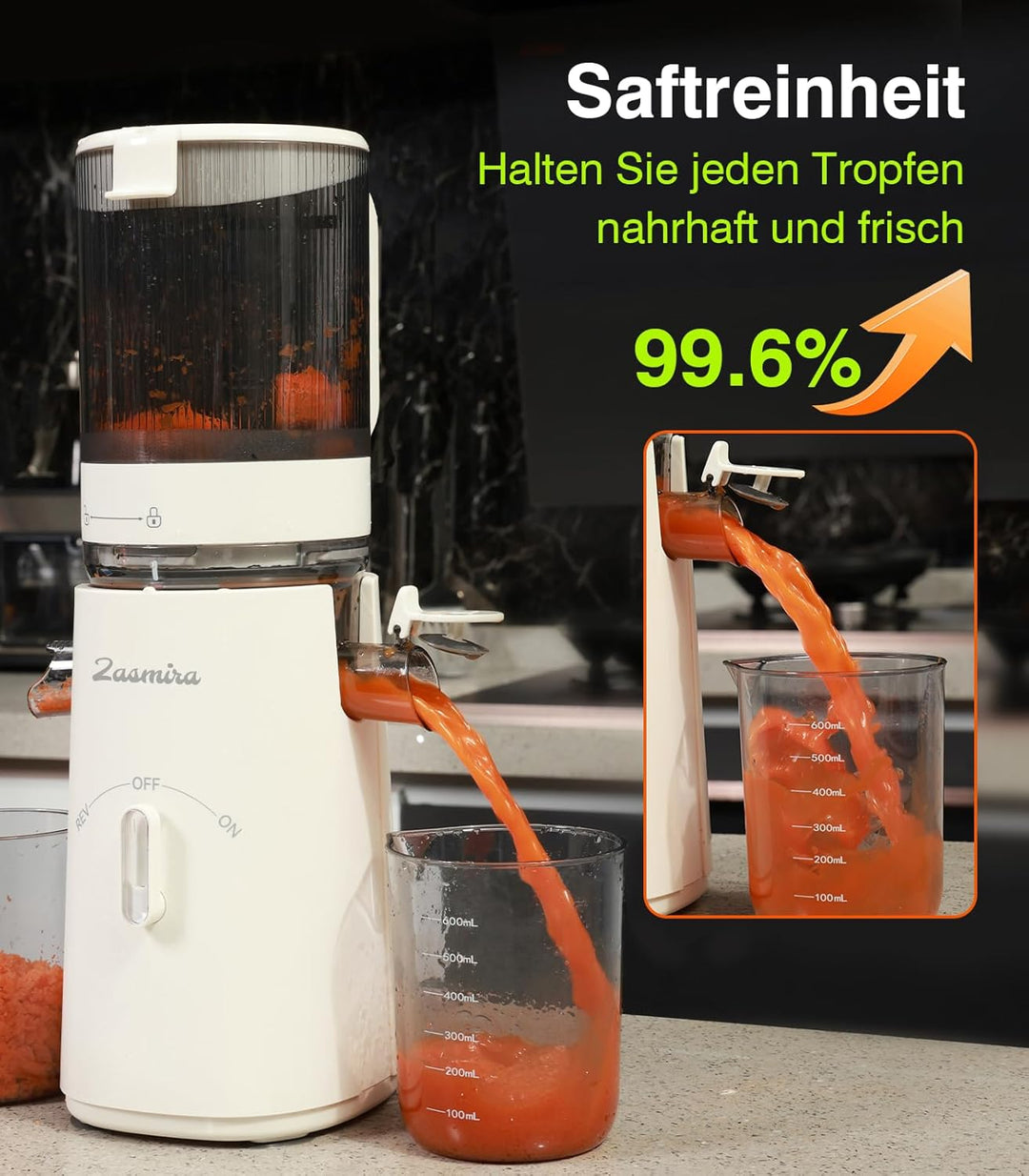 Slow Juicer, Zasmira Neueste Entsafter für Gemüse und Obst mit 120 MM Breitem Einfüllschacht, Hohe S