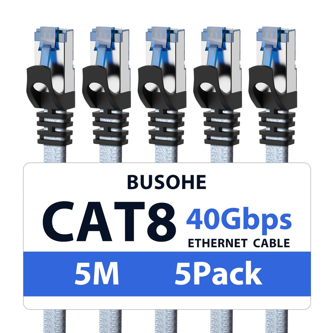 BUSOHE Cat 8 LAN Kabel 5m (5-Stück), 40Gbps 2000MHz Ethernet Kabel Netzwerkkabel, Flach Hochgeschwin
