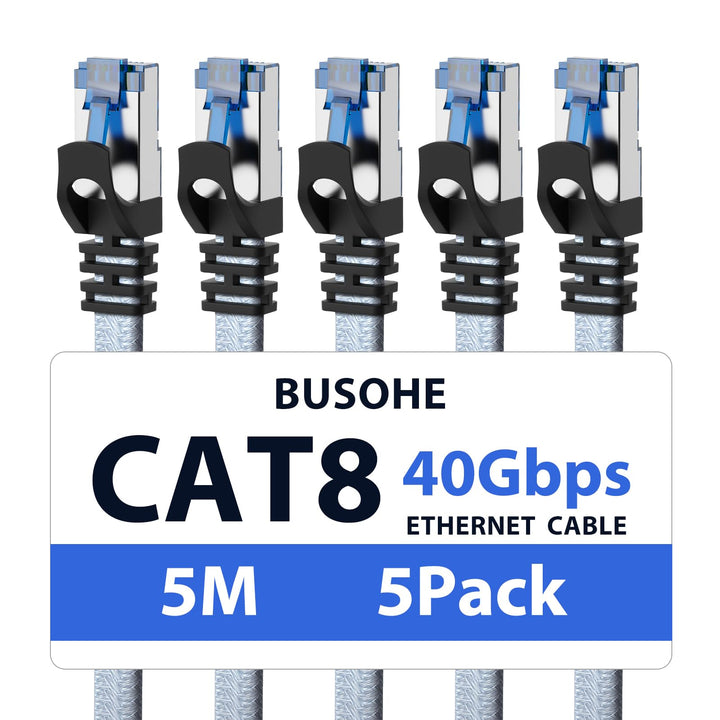 BUSOHE Cat 8 LAN Kabel 5m (5-Stück), 40Gbps 2000MHz Ethernet Kabel Netzwerkkabel, Flach Hochgeschwin