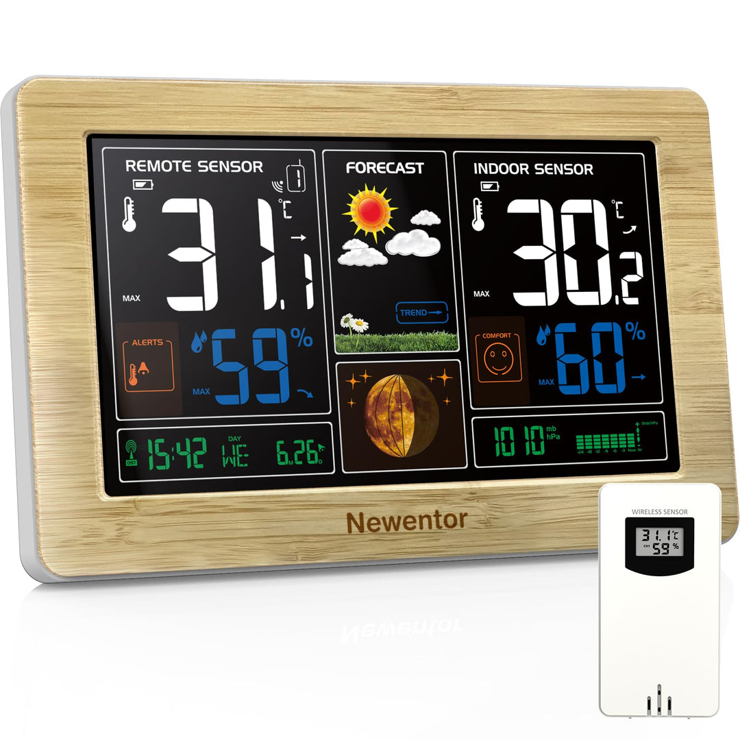 Newentor Wetterstation Funk mit Aussensensor - Funkwetterstation mit Wettervorhersage, Temperaturwar