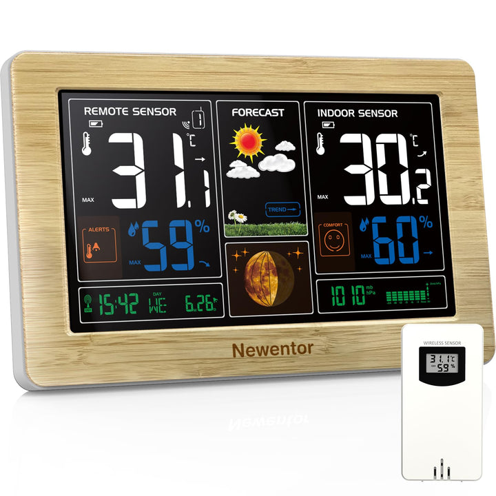 Newentor Wetterstation Funk mit Aussensensor - Funkwetterstation mit Wettervorhersage, Temperaturwar