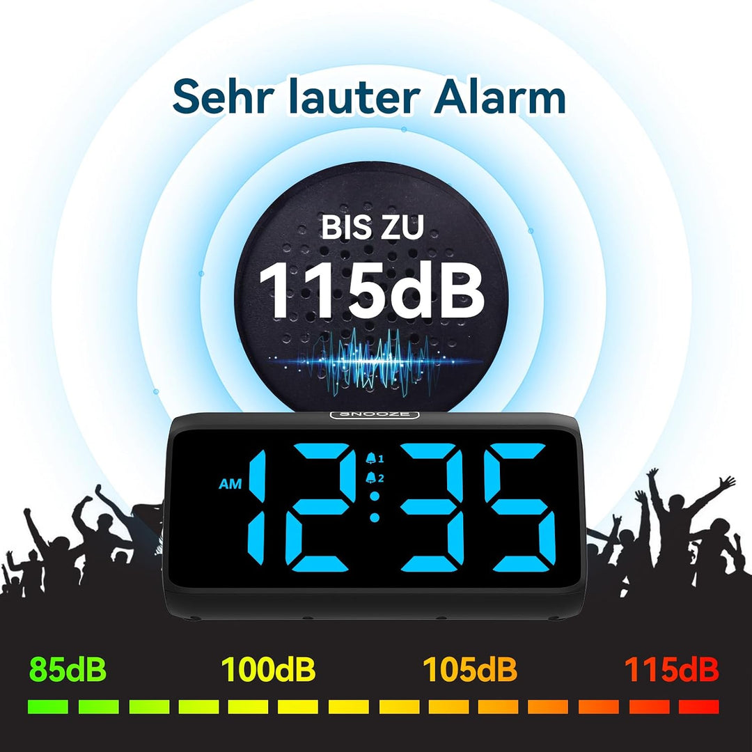 Netzu Lauter Wecker für Tiefschläfer, Digitalwecker mit LED Display, Doppelalarm, 5 Helligkeitsdimme