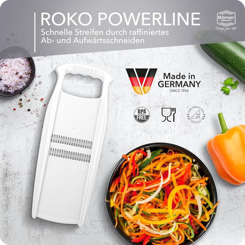 Börner Roko PowerLine Gemüseschneider Set mit Fruchthalter (2-tlg.) • Feiner Streifenschneider für O