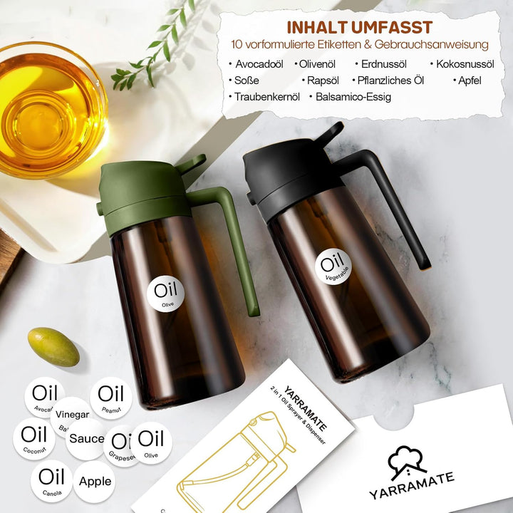 YARRAMATE 2 Stück 470ml Ölsprüher zum Kochen, 2-in-1 UV Schutz ölzerstäuber für die Küche, Bernstein
