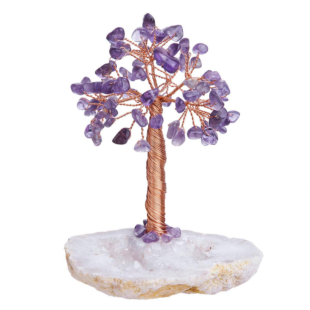 mookaitedecor Amethyst Natural Crystal Money Tree mit Druzy Geode Quarzsockel, Kupferdraht gewickelt