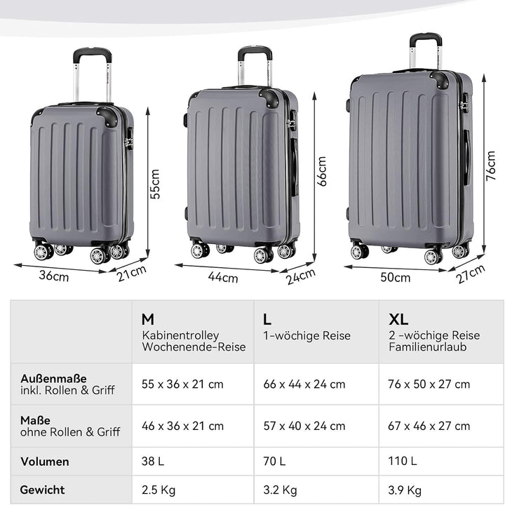 BEIBYE Hartschalen-Koffer Trolley Rollkoffer Reisekoffer Handgepäck 4 Rollen (M-L-XL-Set) (Dark Grey