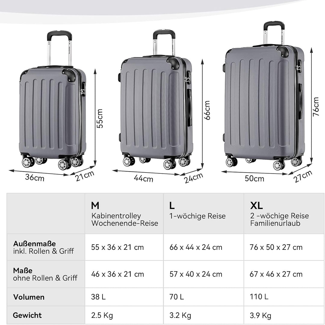 BEIBYE Hartschalen-Koffer Trolley Rollkoffer Reisekoffer Handgepäck 4 Rollen (M-L-XL-Set) (Dark Grey
