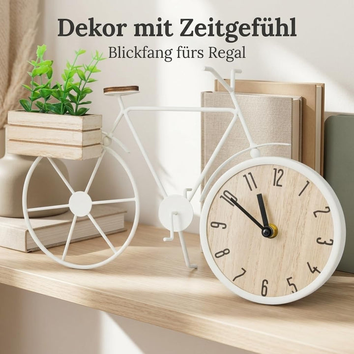 MIJOMA Tischuhr Fahrrad 34 x 24 cm – Metallrahmen mit Holzbox und Deko-Pflanze – analoges Zifferblat