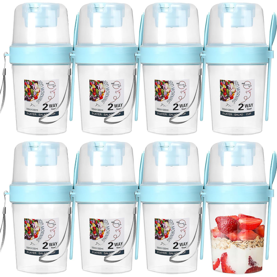 8 Stück Overnight Oats Becher mit Löffel und Deckel – 800 ml Joghurt Müsli To-Go Becher mit Fach, Wi