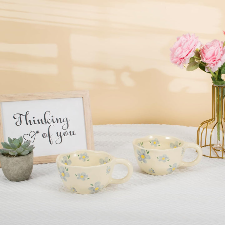 Koythin 2 Stück Kaffeebecher Porzellan, Kreative und Niedliche Blume Kaffeetasse für Büro und Zuhaus