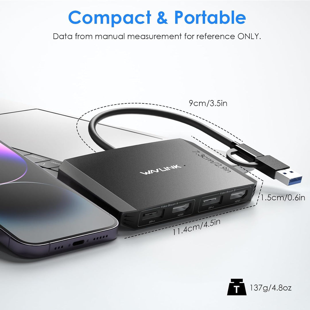 WAVLINK DisplayLink USB 3.0 or USB C to DisplayPort HDMI Adapter, Dual 5K/4K@60Hz 4IN1 Monitor Hub f