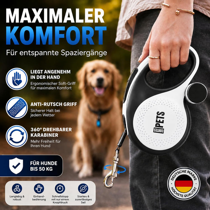 CORTESPETS® Rollleine – Hundeleine mit Kotbeutel – Ausziehbar bis zu 5 m – Für grosse und mittelgros