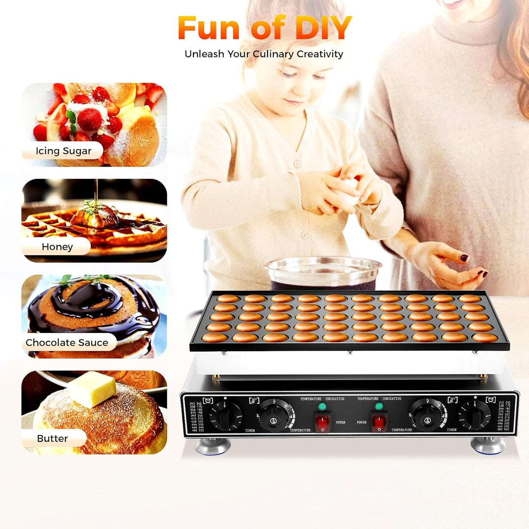 50 LöCher Poffertjes Maker, Pancake Maker mit Schneebesen, 4 Reinigungsschwämme und 2 Bürsten, Muffi