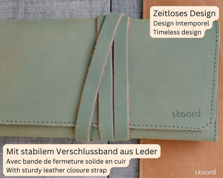skaard Federmäppchen, echtes Leder, für Stifte & Pinsel, grün, Stifteetui gross Grün-braun, Grün-bra