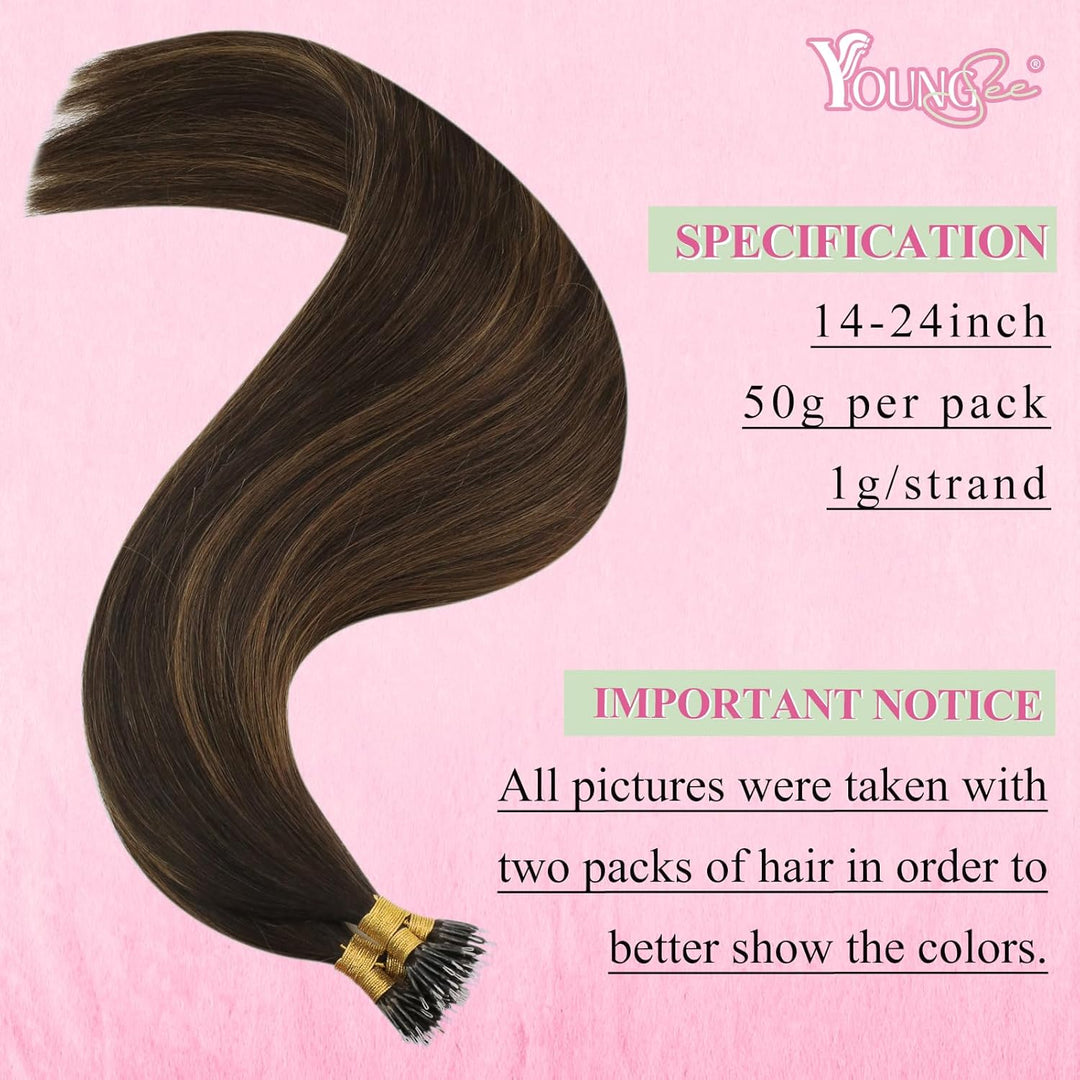 YoungSee Nanoring Extensions Echthaar Ombre Nano Extensions Echthaar Dunkelbraun Balayage Mittelbrau