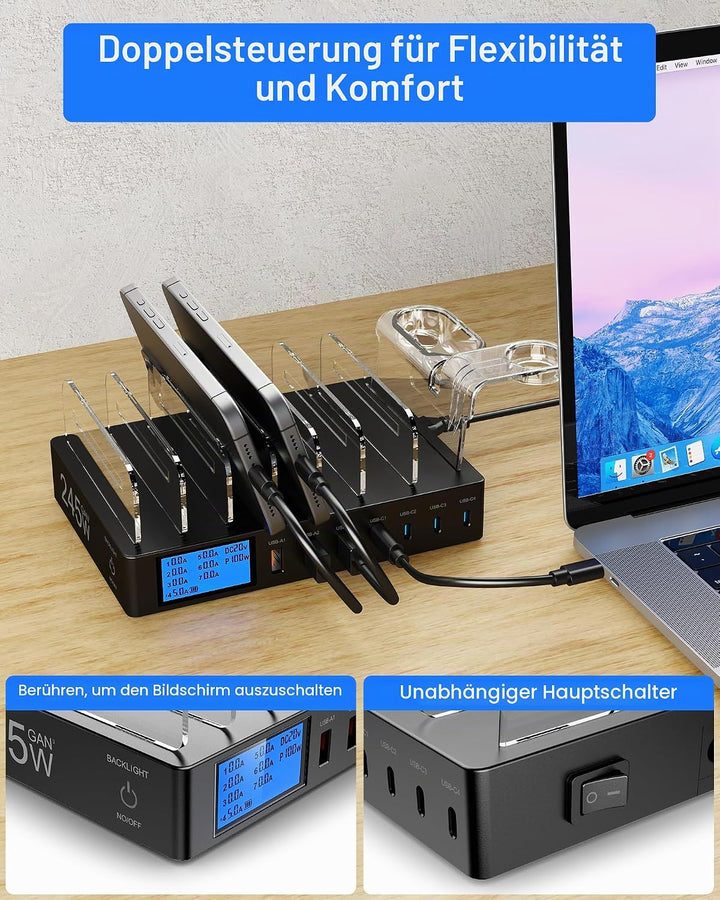 Ladestation für mehrere Geräte, 245W 7 Port Ladegerät mit LCD Bildschirm und 2-in-1 i-Watch-Ladehalt