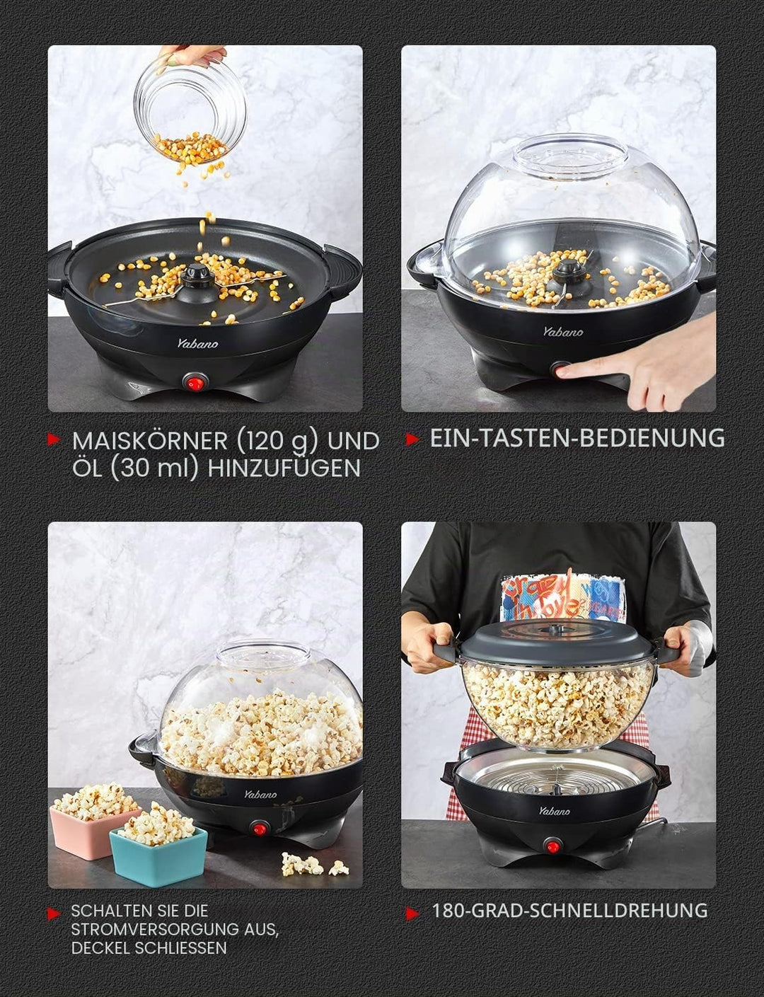 Yabano Popcornmaschine 5L mit Antihaftbeschichtung, 800W Popcorn Maschine für Zuhause, Familienfeier