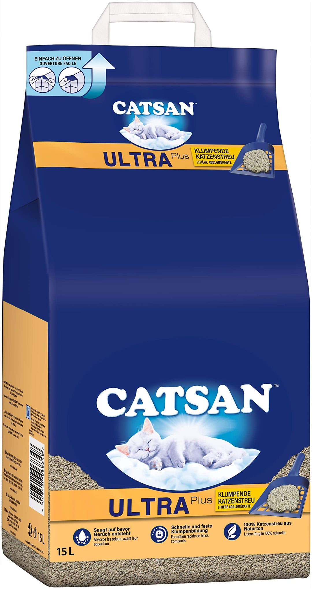 CATSAN Ultra Plus – Katzenstreu aus feinen natürlichen Tonkörnchen – 1 x 15 Liter, 15 l