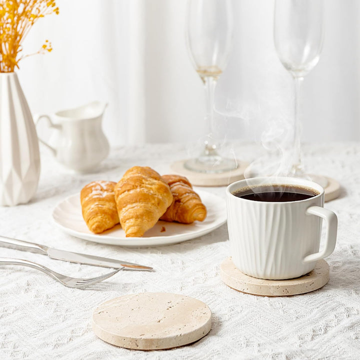 Marmor-Wein-Untersetzer, Satz von 4 runden Travertin-Untersetzern mit Korkboden für Teetassen, Kaffe