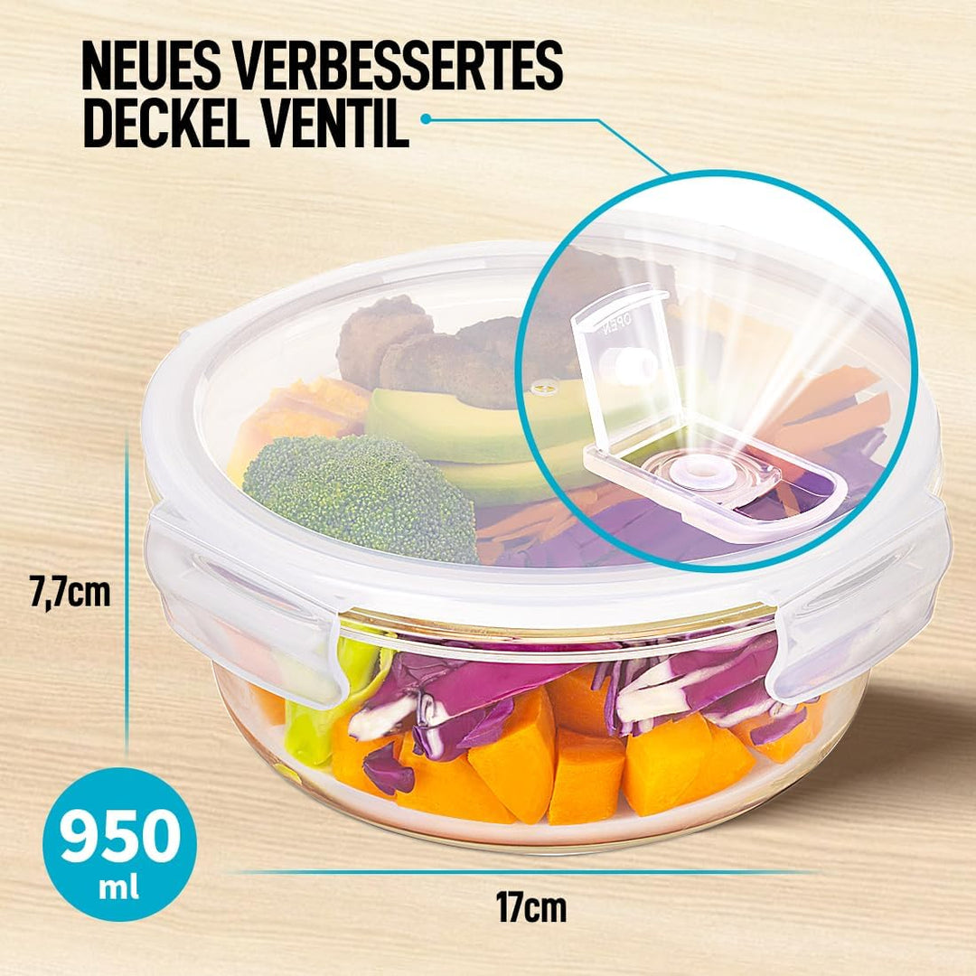 Meal Prep Runde Container aus Glas mit Transparentem Dampfventildeckel – Luftdicht Verschliessbare F