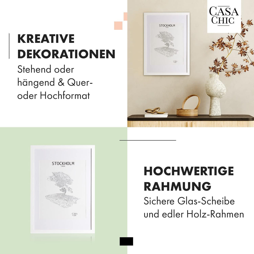Classic by Casa Chic - Echtholz Bilderrahmen 50x70 cm - Weiss - mit Passepartout 40x50 cm - Acrylgla