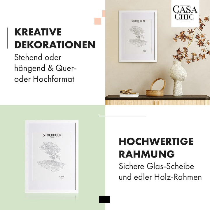 Classic by Casa Chic - Echtholz Bilderrahmen 50x70 cm - Weiss - mit Passepartout 40x50 cm - Acrylgla