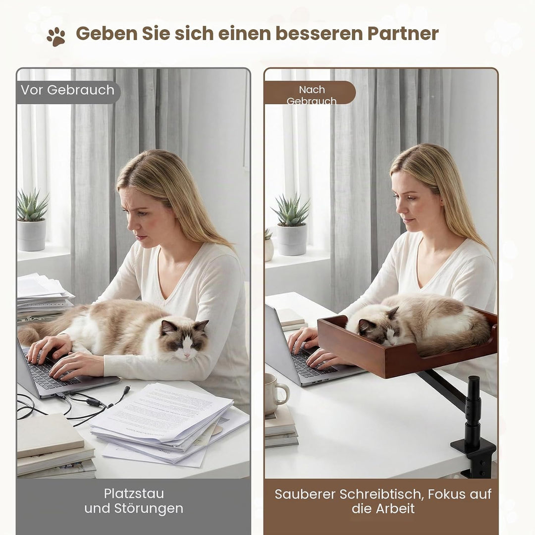 Katzen-Schreibtischbett mit Bambusfuss und Plüschbettwäsche.Stabile und robuste Klemme,höhenverstell