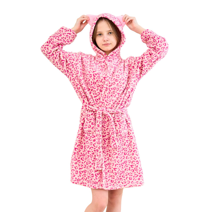 Katzen Bademantel für Mädchen Weiches Fleece Morgenmäntel mit Kapuze und Katzenohren Leopard Rosa 4-