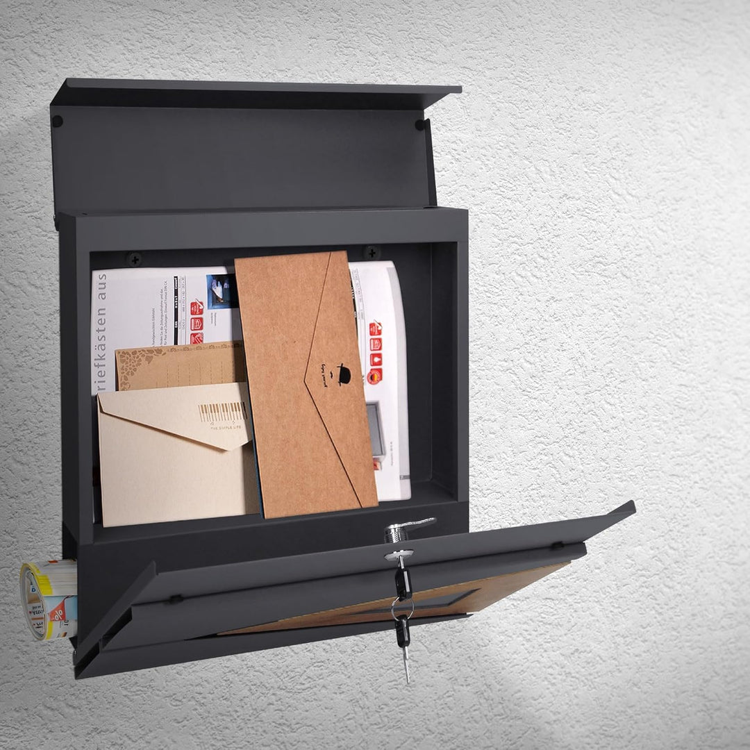 ML-Design Briefkasten 37x36,5x11 cm Anthrazit/Holzoptik aus Stahl, Postkasten mit Zeitungsfach, Absc