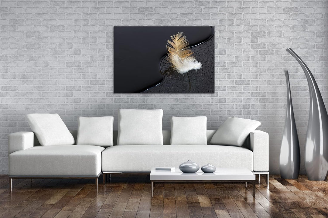 deyoli schöne Feder mit Wassertropfen im Format: 80x60 als Leinwandbild, Motiv fertig gerahmt auf Ec