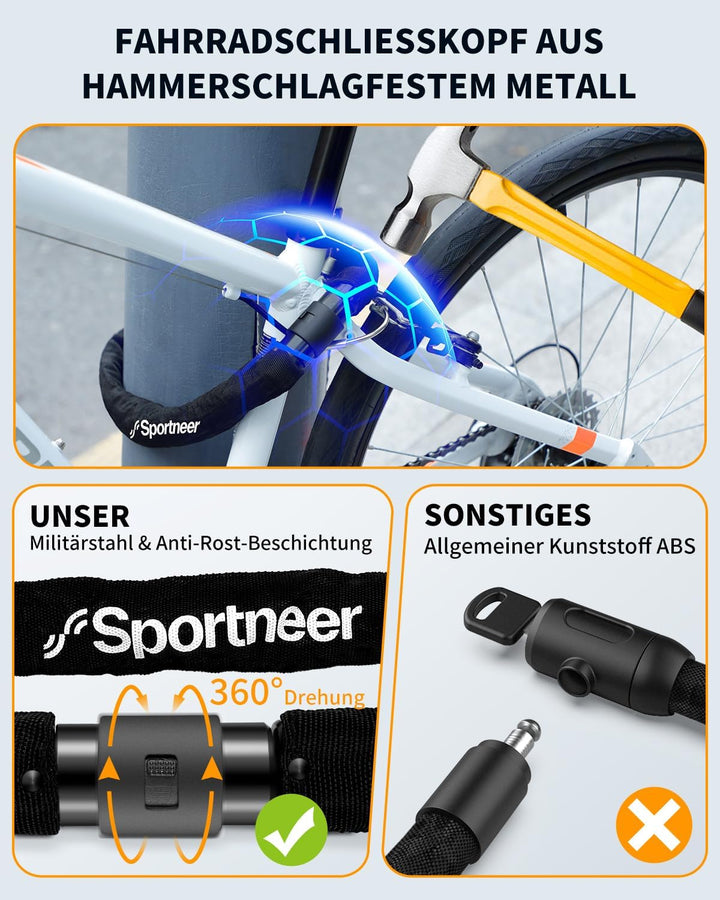 Sportneer Fahrradschloss Metallverschlusskopf Kettenschloss Hohe Sicherheits Level mit 8mm Starker -