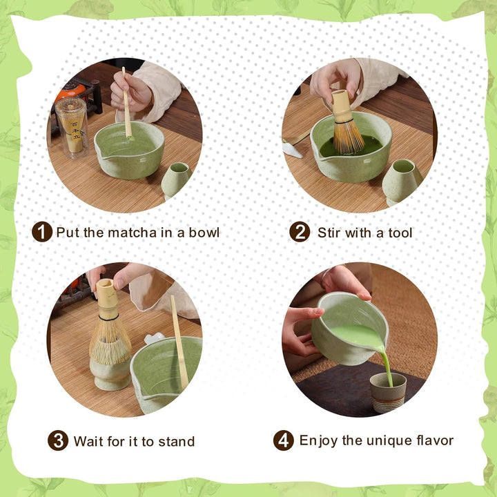 Matcha Set 4-teilig – Japanisches Matcha Tee Set mit Keramik Schale, Bambus Besen, Besenhalter & Cha