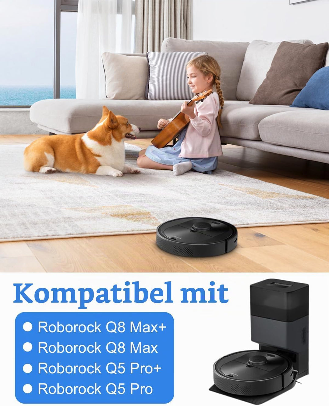 Zubehörset für Roborock Q5 Pro/Q5 Pro+/Q8 Max+/Q8 Max Saugroboter, 2 Hauptbürste, 4 Hepa-Filter, 6 W