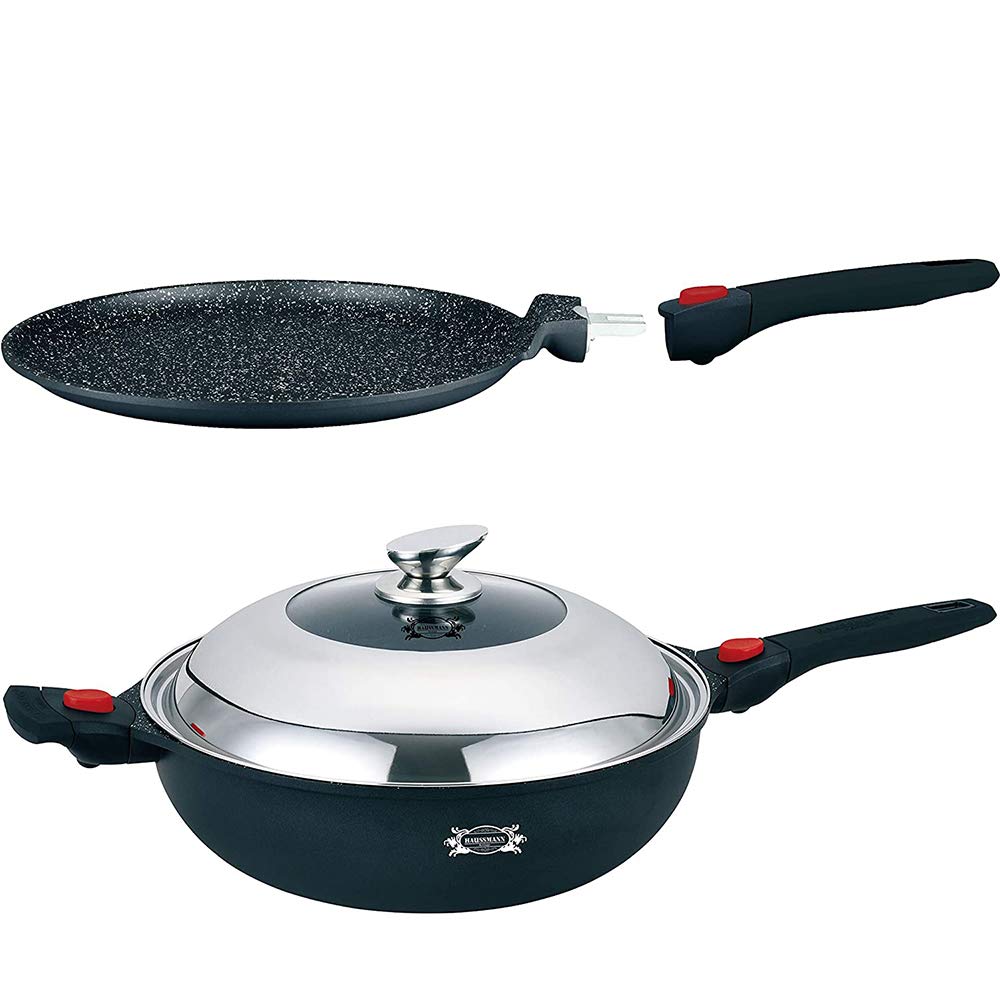 HAUSSMANN heritage Aluminiumguss Wok 32 cm, Steinoptik‑Beschichtung, ohne PFOA, abnehmbarer Griff –
