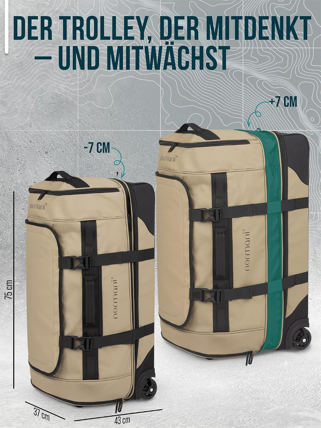 normani XXL Reisetasche 100-120 Liter 2-Rad Trolley gross Weichgepäck Travel Bag mit Rollen und 8 Fä