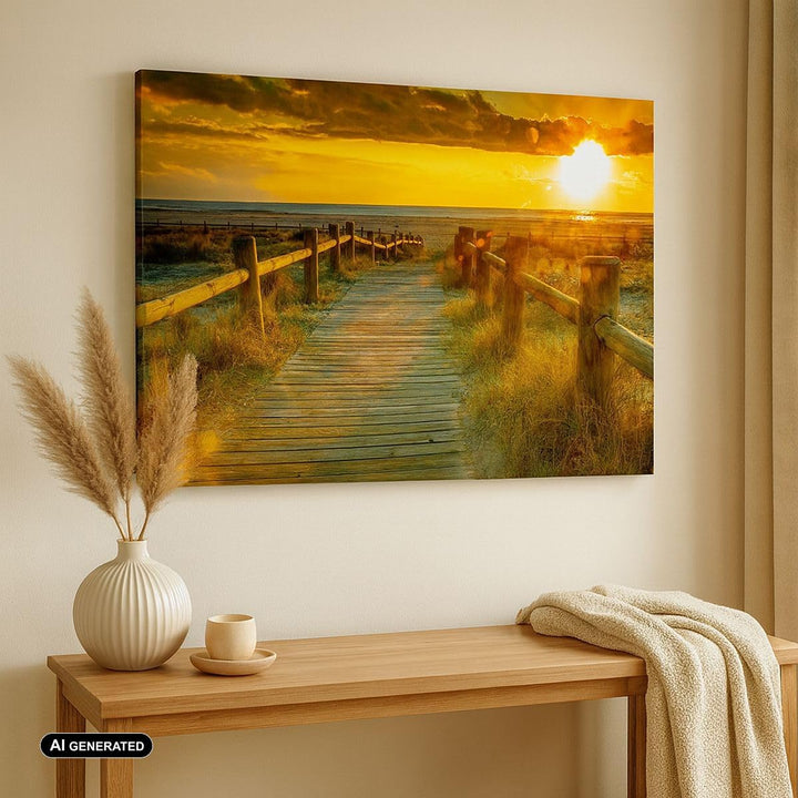 Bilder auf Leinwand Fussgängerbrücke Strand Urlaub Sonne Leinwandbild 70x50cm Wandbilder Dekoration