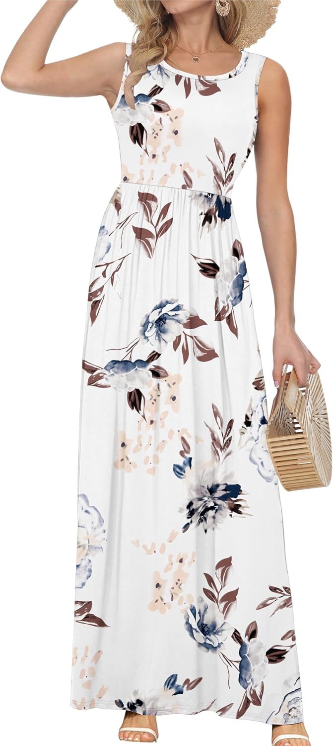 AUSELILY Damen Sommer Ärmelloses Lockeres Maxikleid Lässiges Langes Kleid mit Taschen Weisse Blumen