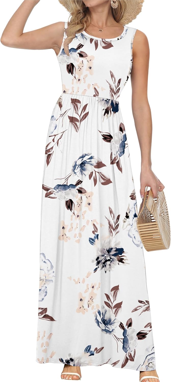 AUSELILY Damen Sommer Ärmelloses Lockeres Maxikleid Lässiges Langes Kleid mit Taschen Weisse Blumen