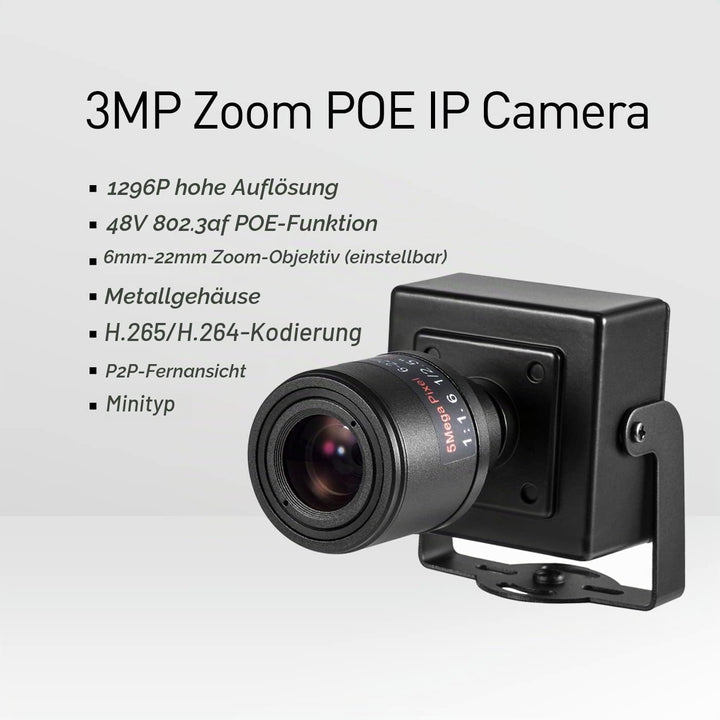 Revotech Zoom Mini POE IP Kamera, HD 3MP Kleine Indoor Überwachungskamera, 6-22 mm manuelles Zoomobj