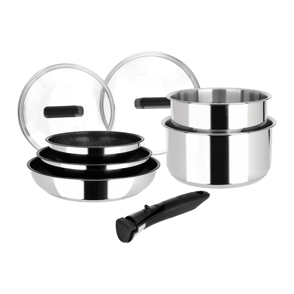 Sitram 714248 Edelstahl-Kochgeschirr, 8-teilig, 3 Pfannen Ø 20,24,28 cm + 2 Töpfe Ø 16,18 cm + 2 Gla