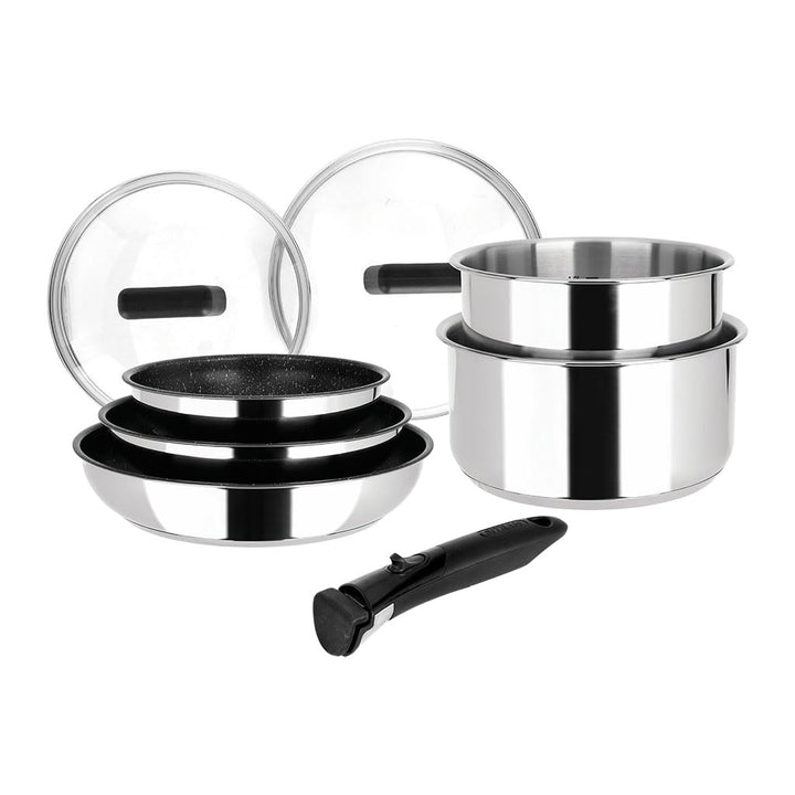 Sitram 714248 Edelstahl-Kochgeschirr, 8-teilig, 3 Pfannen Ø 20,24,28 cm + 2 Töpfe Ø 16,18 cm + 2 Gla