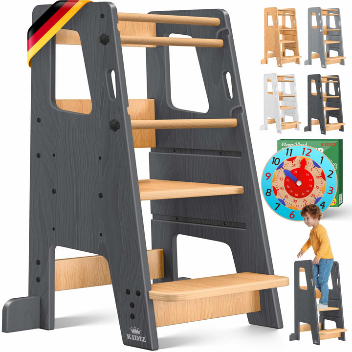 KIDIZ® Lernturm für Kinder ab 1 Jahr inkl. Lernuhr | 3-stufig Höhenverstellbarer Tritthocker aus Kie