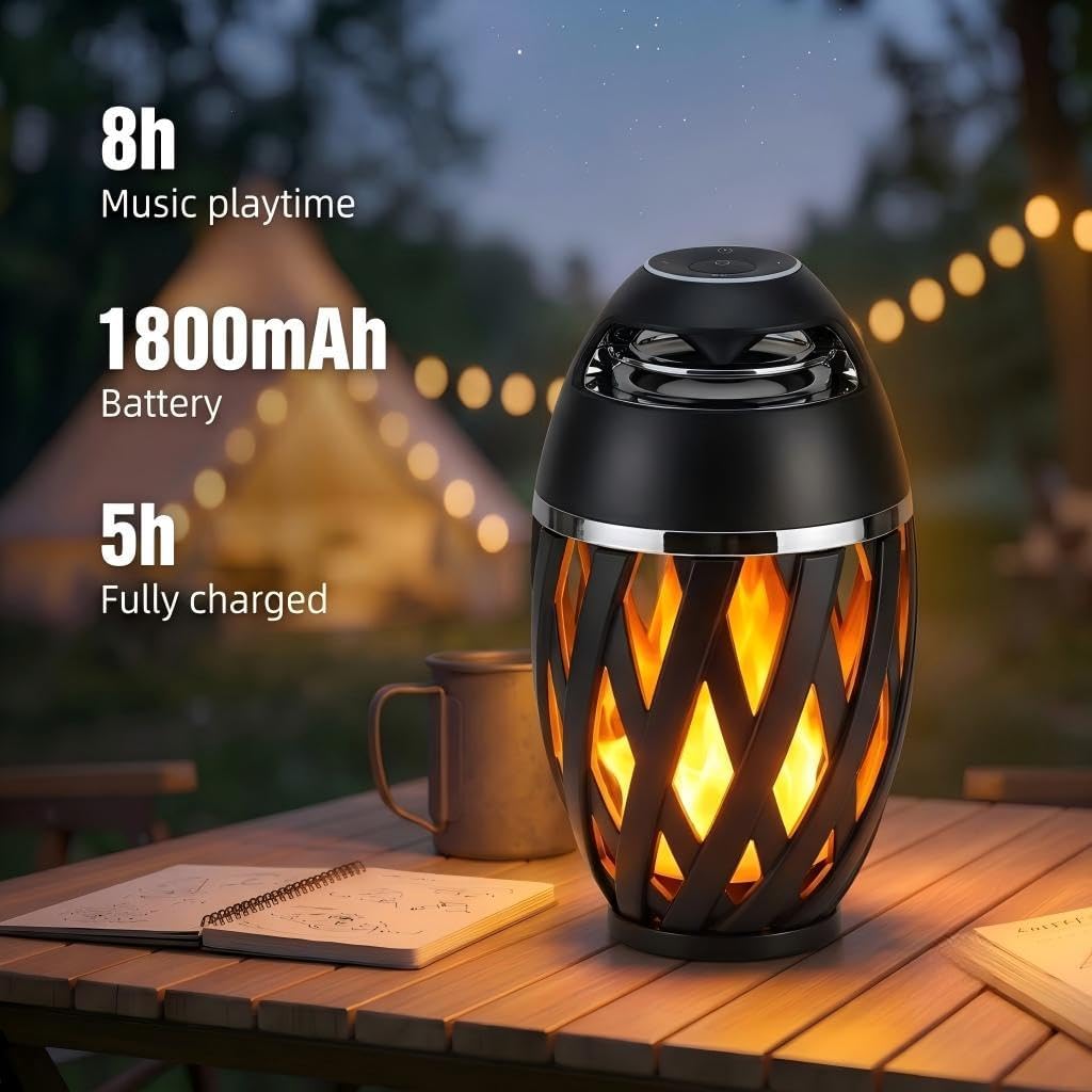 Outdoor Bluetooth Lautsprecher mit Flammenlicht, Kabelloser LED Tischlampe, IP65 Wasserdicht, Stereo