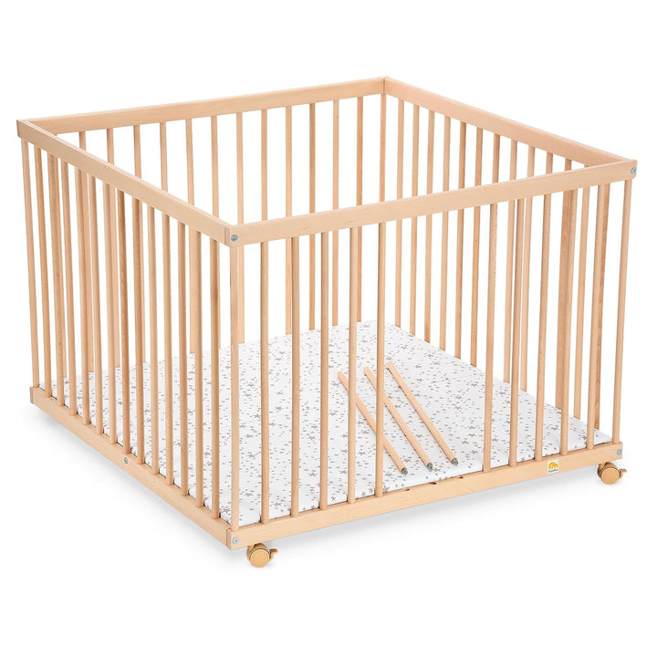FabiMax Baby Laufgitter 100x100, stufenlos höhenverstellbar, mit Schlupfsprossen, Laufstall aus mass