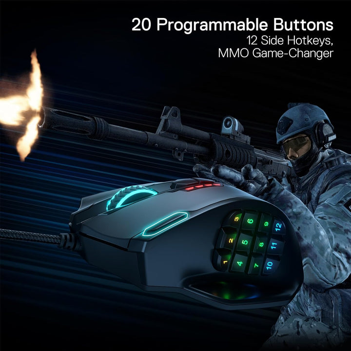 Redragon M908 Impact RGB LED MMO Maus USB Laser Gaming Maus mit 12400dpi, Hohe Präzision, 20 program