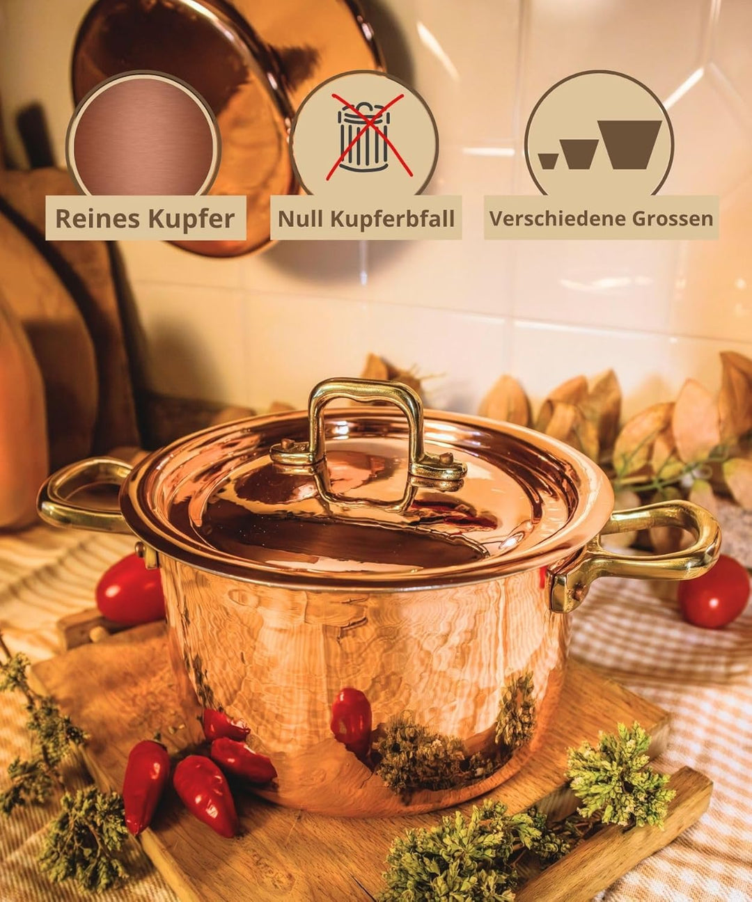 CREARTISTIC 100% Made in Italy – Kupfer Kochtopf mit Deckel - 16 x 9,5 cm – 1,2L - Topf aus verzinnt