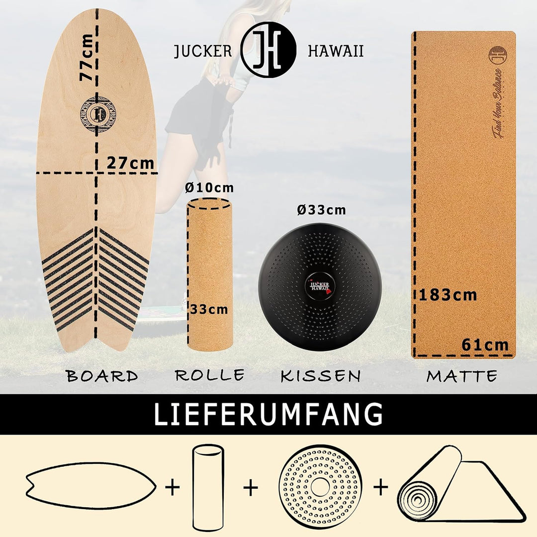 JUCKER HAWAII Balance Boards - Trick & Surf Balanceboard (100% Echtholz) mit extra rutschfester Ober