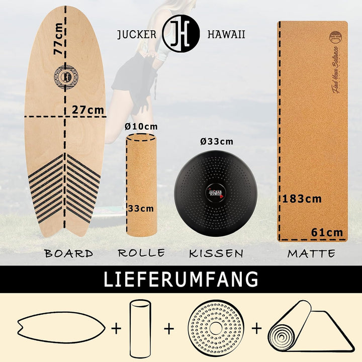 JUCKER HAWAII Balance Boards - Trick & Surf Balanceboard (100% Echtholz) mit extra rutschfester Ober