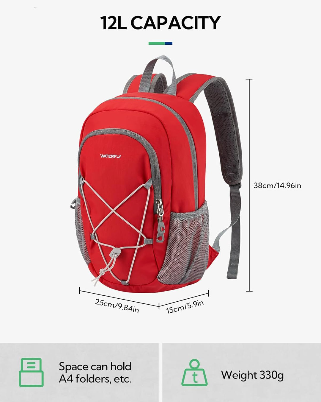 WATERFLY Rucksack Klein Wanderrucksack 12L: Leicht Tagesrucksack Mini Sport Backpack Outdoor Daypack